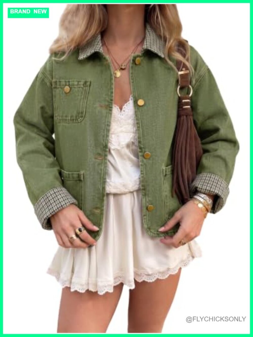 Womens Cropped Denim Jacket Plaid Trim Button Down Jean Coat